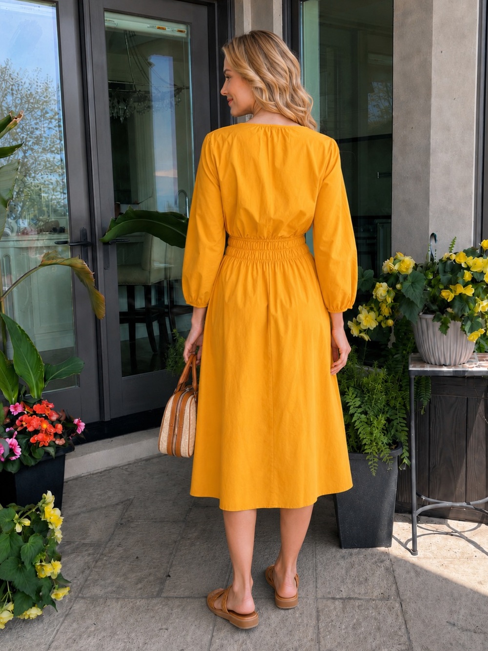 TALBOTS Smocked Poplin Yellow A-Line Midi Dress Split Neckline 3/4 Sleeve Sz 10 - Picture 3 of 16